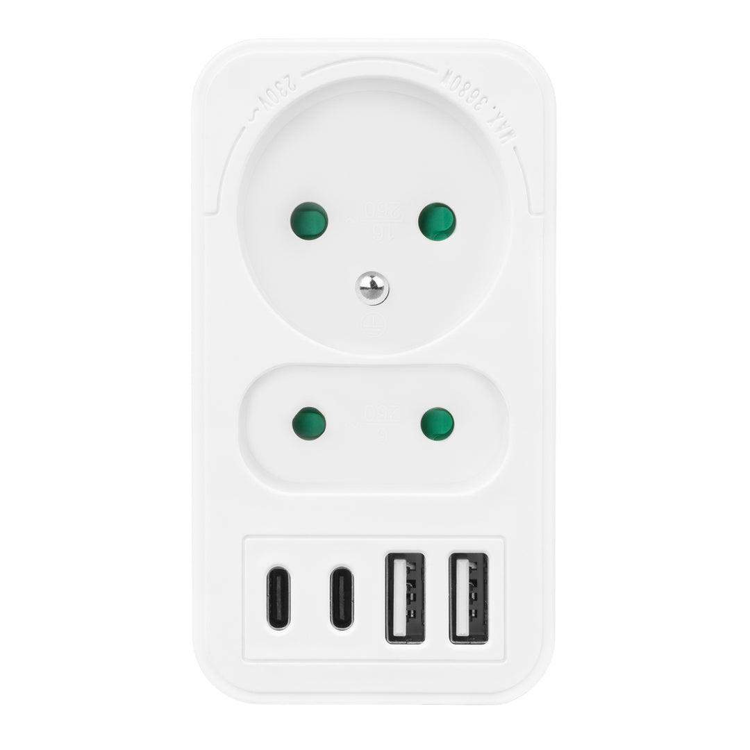 Maclean-stroomaansluiting x2 + 4xUSB, splitter met 2 aansluitingen, 2xUSB A, 2xUSB C PD 20W, 1x16A + 1x6A, MCE249 F/W