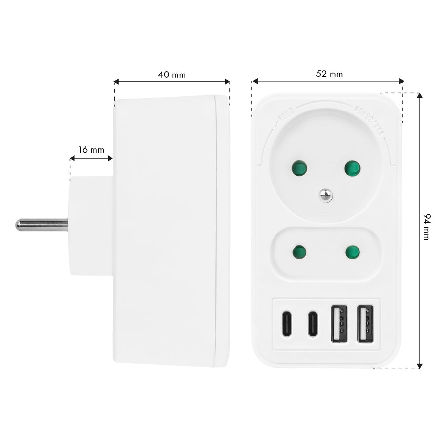 Maclean-stroomaansluiting x2 + 4xUSB, splitter met 2 aansluitingen, 2xUSB A, 2xUSB C PD 20W, 1x16A + 1x6A, MCE249 F/W
