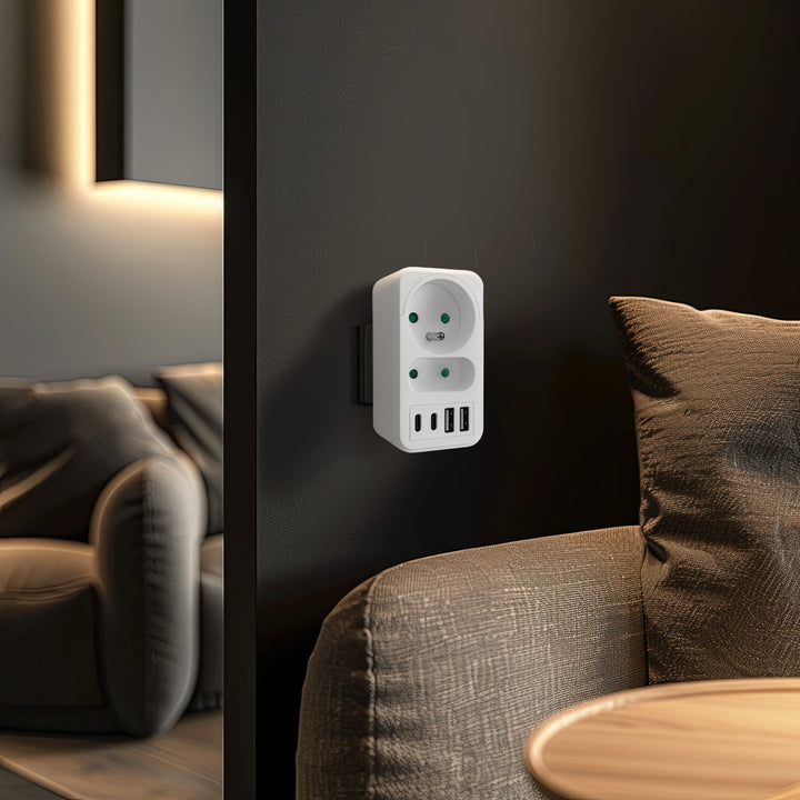 Maclean-stroomaansluiting x2 + 4xUSB, splitter met 2 aansluitingen, 2xUSB A, 2xUSB C PD 20W, 1x16A + 1x6A, MCE249 F/W