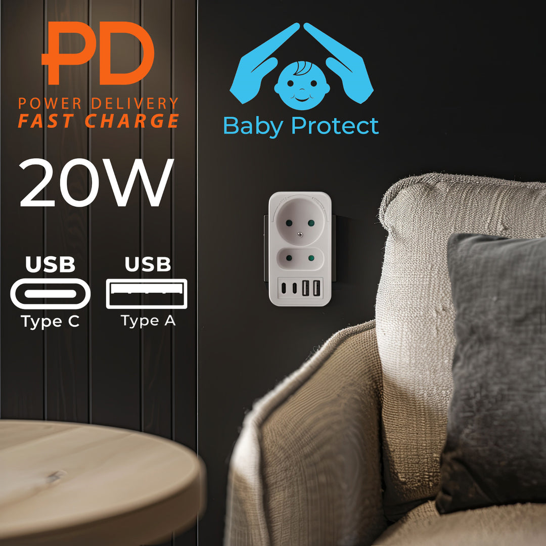 Maclean-stroomaansluiting x2 + 4xUSB, splitter met 2 aansluitingen, 2xUSB A, 2xUSB C PD 20W, 1x16A + 1x6A, MCE249 F/W