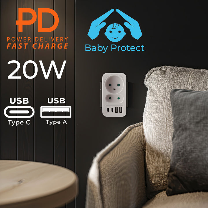 Maclean-stroomaansluiting x2 + 4xUSB, splitter met 2 aansluitingen, 2xUSB A, 2xUSB C PD 20W, 1x16A + 1x6A, MCE249 F/W