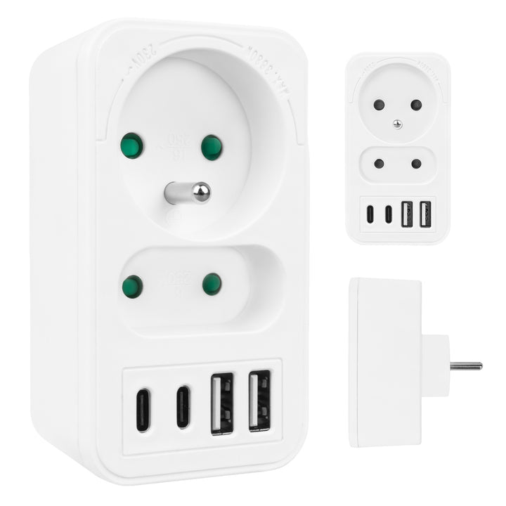 Maclean-stroomaansluiting x2 + 4xUSB, splitter met 2 aansluitingen, 2xUSB A, 2xUSB C PD 20W, 1x16A + 1x6A, MCE249 F/W
