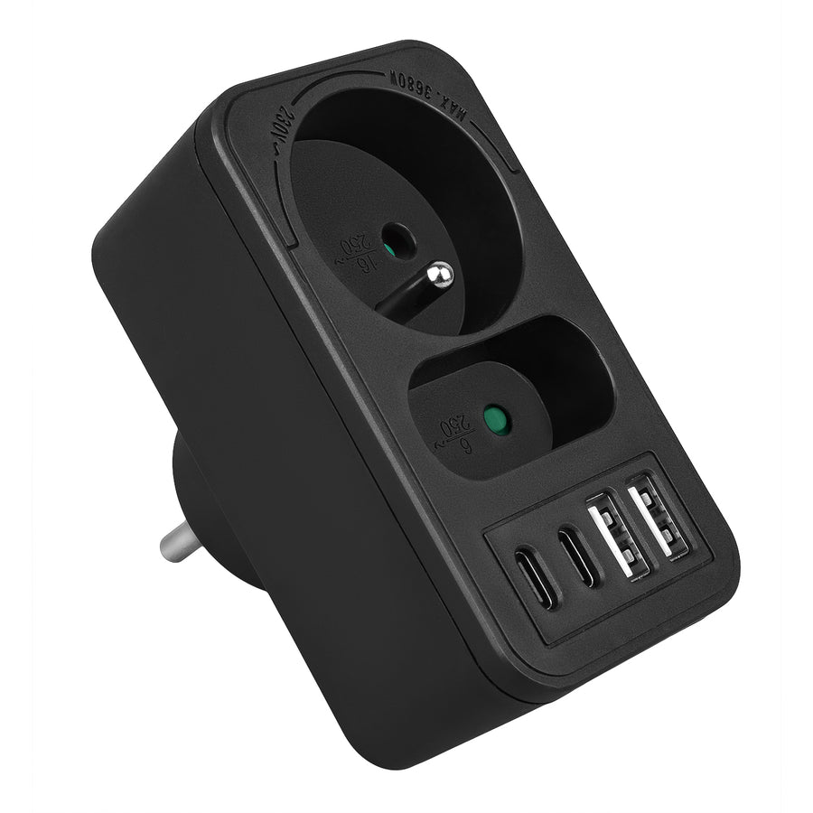 Maclean-stroomaansluiting x2 + 4xUSB, splitter met 2 aansluitingen, 2xUSB A, 2xUSB C PD 20W, 1x16A + 1x6A, MCE249 F/W