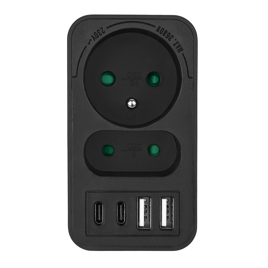 Maclean-stroomaansluiting x2 + 4xUSB, splitter met 2 aansluitingen, 2xUSB A, 2xUSB C PD 20W, 1x16A + 1x6A, MCE249 F/W