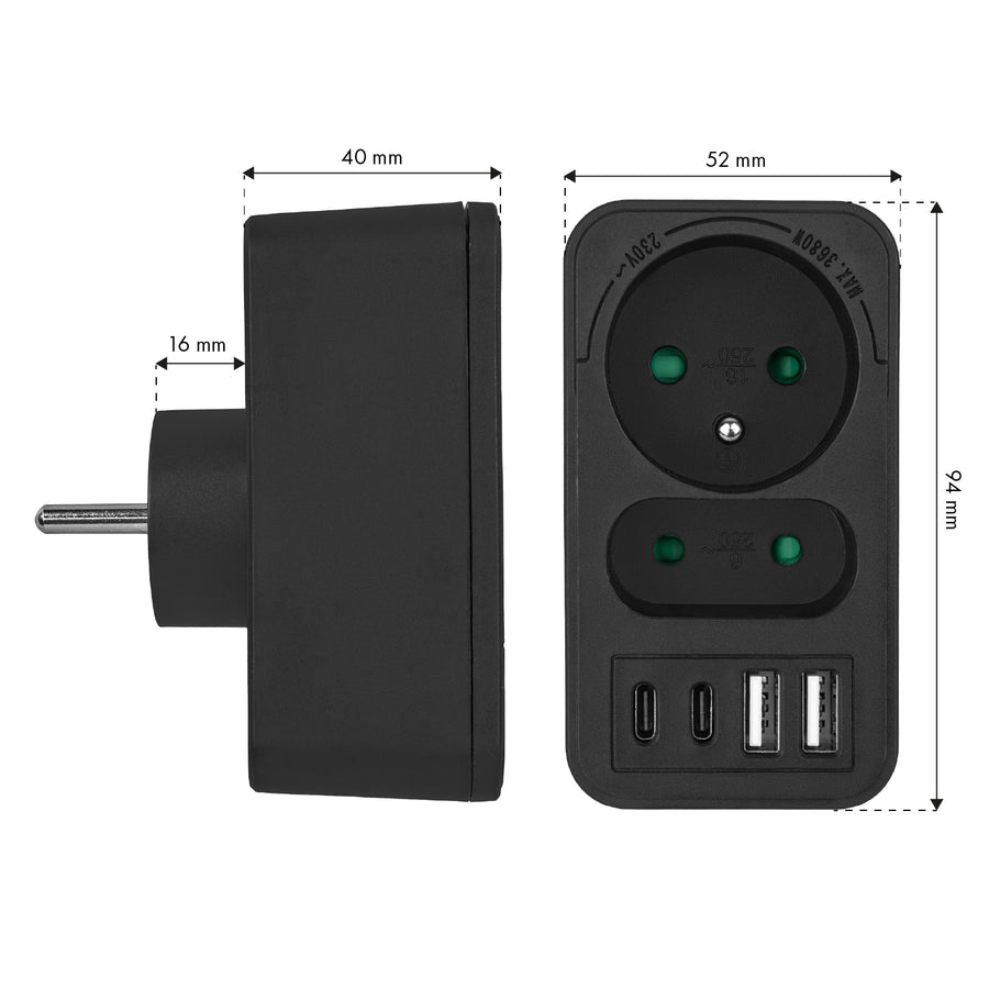 Maclean-stroomaansluiting x2 + 4xUSB, splitter met 2 aansluitingen, 2xUSB A, 2xUSB C PD 20W, 1x16A + 1x6A, MCE249 F/W