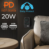 Maclean-stroomaansluiting x2 + 4xUSB, splitter met 2 aansluitingen, 2xUSB A, 2xUSB C PD 20W, 1x16A + 1x6A, MCE249 F/W