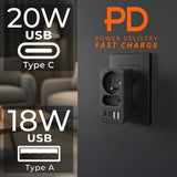 Maclean-stroomaansluiting x2 + 4xUSB, splitter met 2 aansluitingen, 2xUSB A, 2xUSB C PD 20W, 1x16A + 1x6A, MCE249 F/W