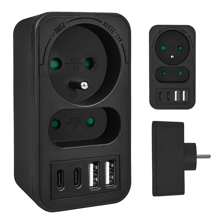 Maclean-stroomaansluiting x2 + 4xUSB, splitter met 2 aansluitingen, 2xUSB A, 2xUSB C PD 20W, 1x16A + 1x6A, MCE249 F/W