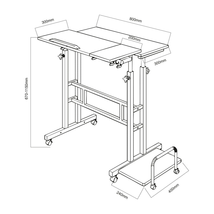 Maclean verrijdbaar laptop bureau, zwart, blad 80x60cm, max. 50kg, hoogteverstelling 67-115 cm, MC-124 B