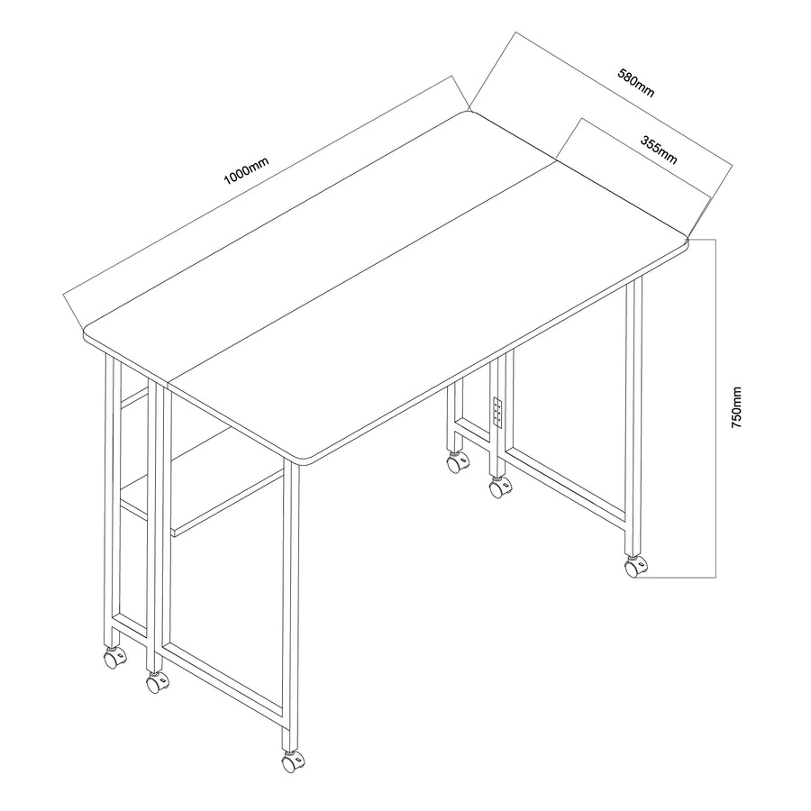 Maclean inklapbaar bureau, wit, verrijdbaar, blad 100x58cm, max. 50kg, MC-126 W
