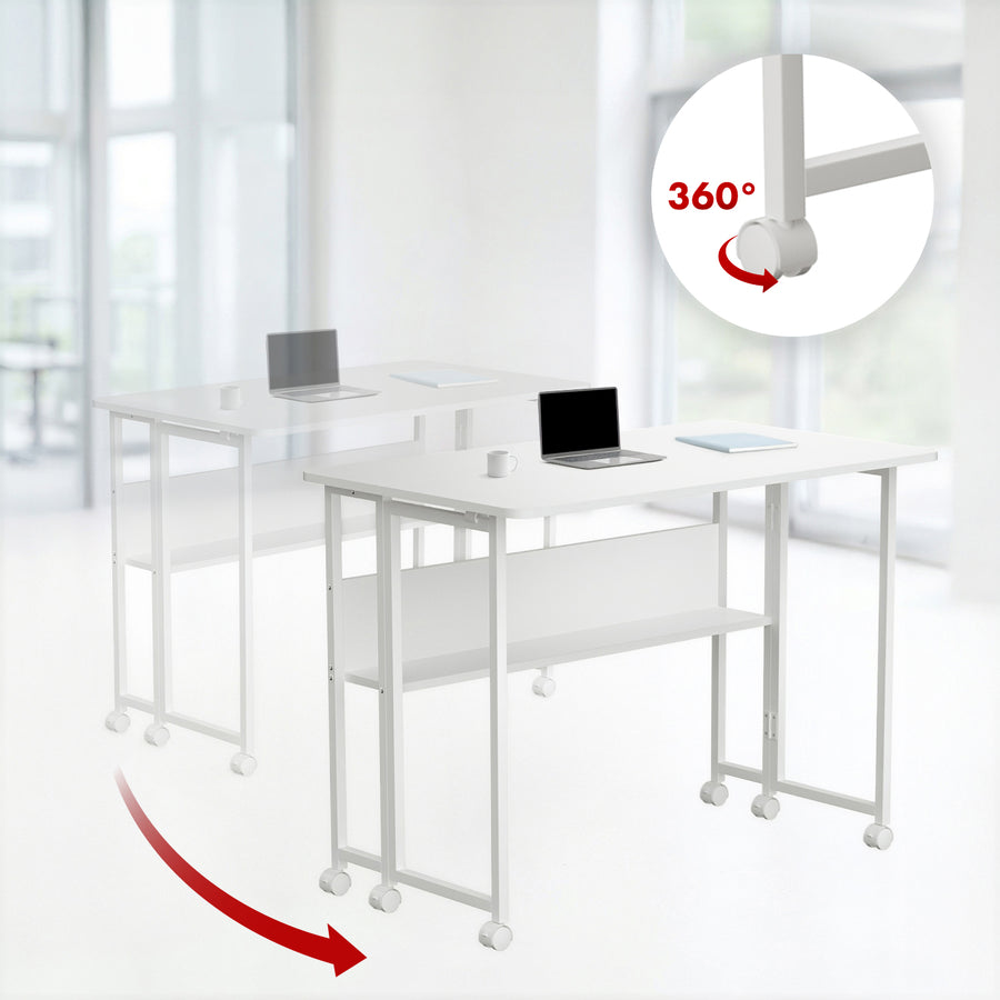 Maclean inklapbaar bureau, wit, verrijdbaar, blad 100x58cm, max. 50kg, MC-126 W