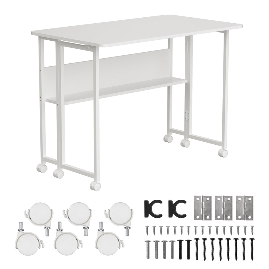 Maclean inklapbaar bureau, wit, verrijdbaar, blad 100x58cm, max. 50kg, MC-126 W