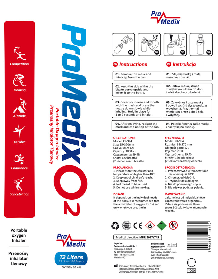 Draagbare 99,4% zuurstofinhalator in blik Promedix 12L, PR-994, 10 stuks