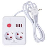 Maclean stekkerdoos, verlengkabel 2 stopcontacten + 3xUSB, 110-240V AC 50/60Hz, 2,1A max 2500W, 1,5m, wit, MCE387 W