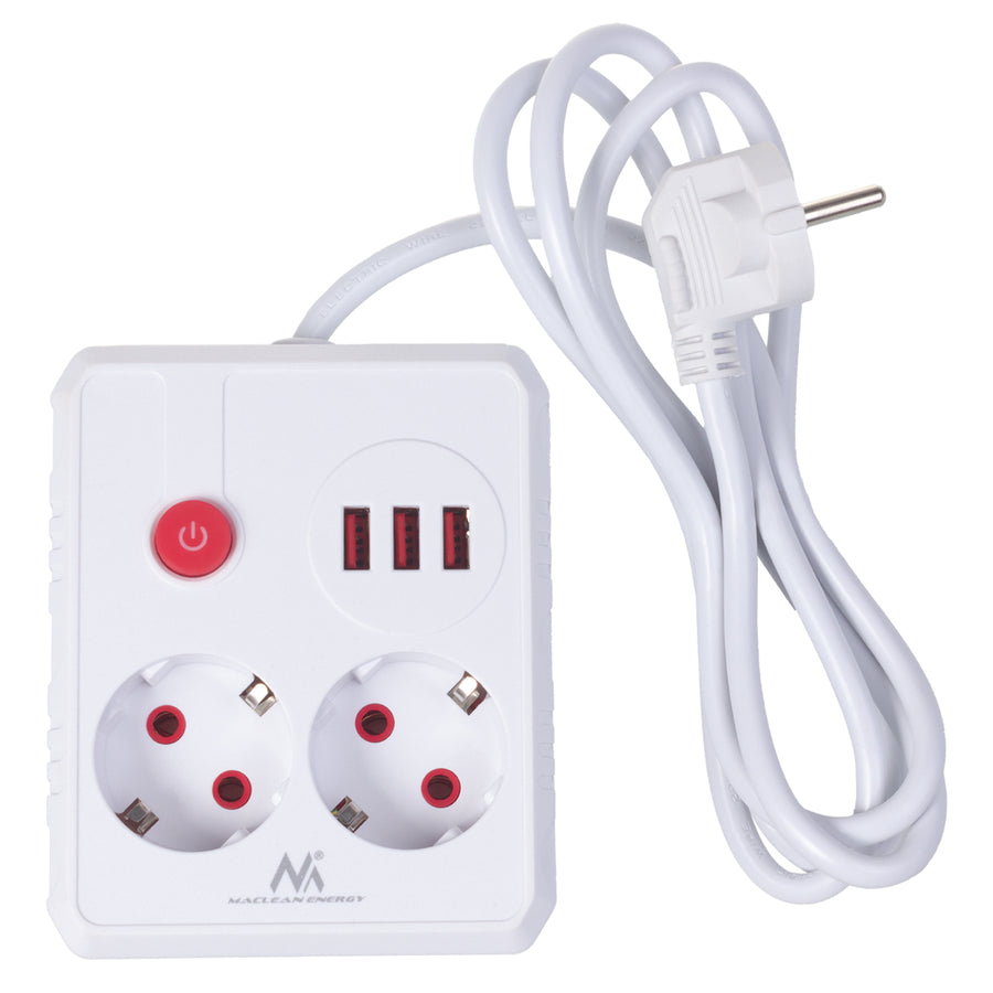 Maclean stekkerdoos, verlengkabel 2 stopcontacten + 3xUSB, 110-240V AC 50/60Hz, 2,1A max 2500W, 1,5m, wit, MCE387 W