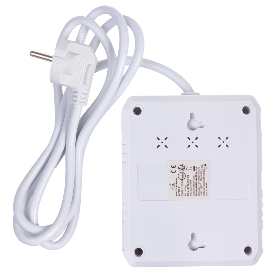 Maclean stekkerdoos, verlengkabel 2 stopcontacten + 3xUSB, 110-240V AC 50/60Hz, 2,1A max 2500W, 1,5m, wit, MCE387 W