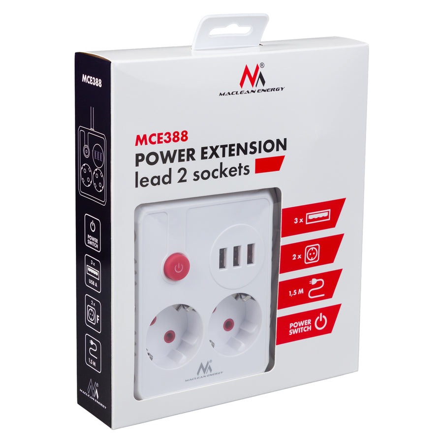 Maclean stekkerdoos, verlengkabel 2 stopcontacten + 3xUSB, 110-240V AC 50/60Hz, 2,1A max 2500W, 1,5m, wit, MCE387 W