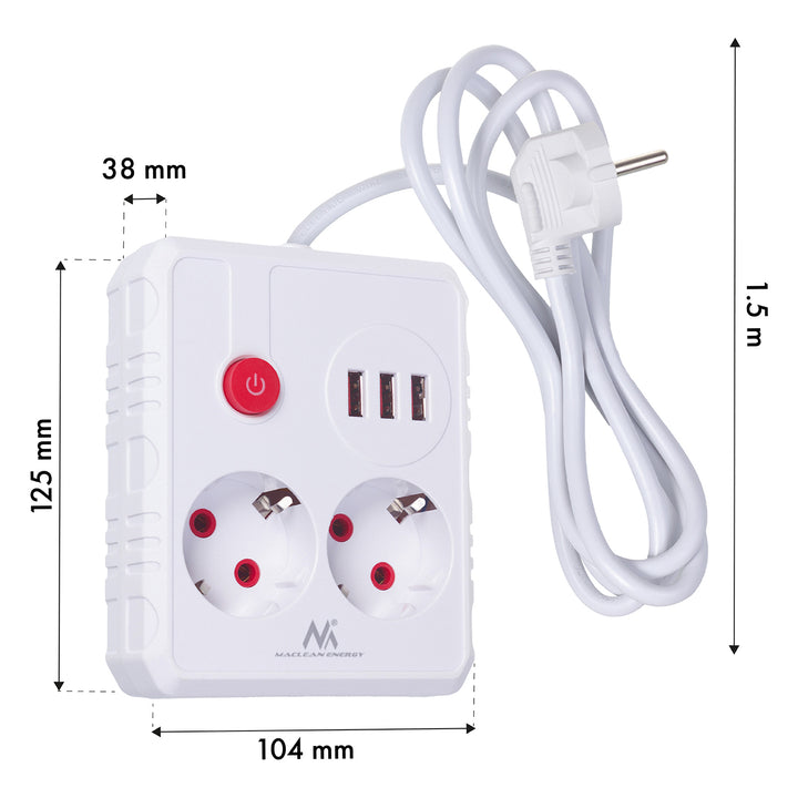 Maclean stekkerdoos, verlengkabel 2 stopcontacten + 3xUSB, 110-240V AC 50/60Hz, 2,1A max 2500W, 1,5m, wit, MCE387 W