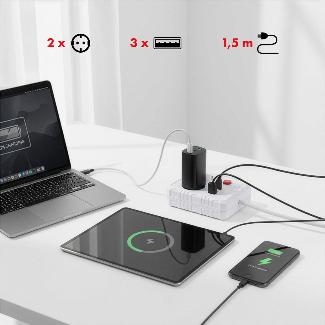 Maclean stekkerdoos, verlengkabel 2 stopcontacten + 3xUSB, 110-240V AC 50/60Hz, 2,1A max 2500W, 1,5m, wit, MCE387 W