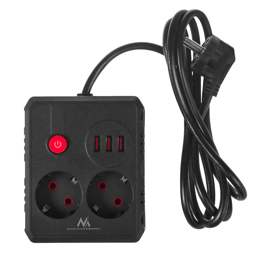 Maclean stekkerdoos, verlengkabel met 2 stopcontacten + 3xUSB, 110-240V AC 50/60Hz, 2,1A max 2500W, 1,5m, zwart, MCE387 B