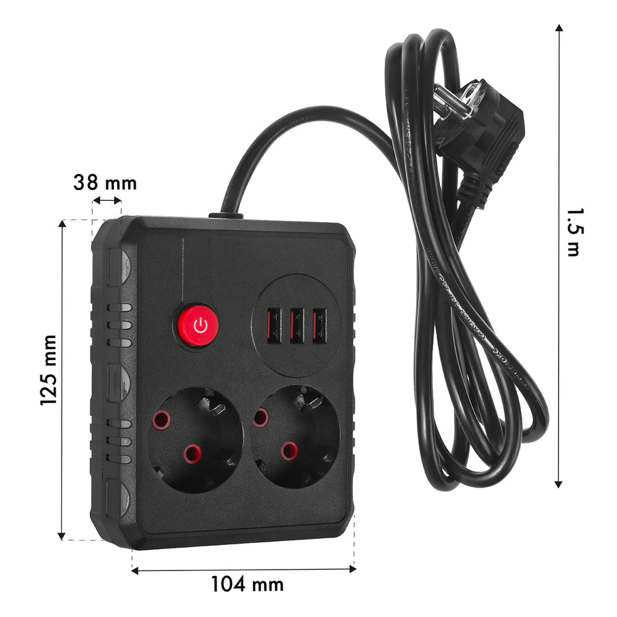 Maclean stekkerdoos, verlengkabel met 2 stopcontacten + 3xUSB, 110-240V AC 50/60Hz, 2,1A max 2500W, 1,5m, zwart, MCE387 B