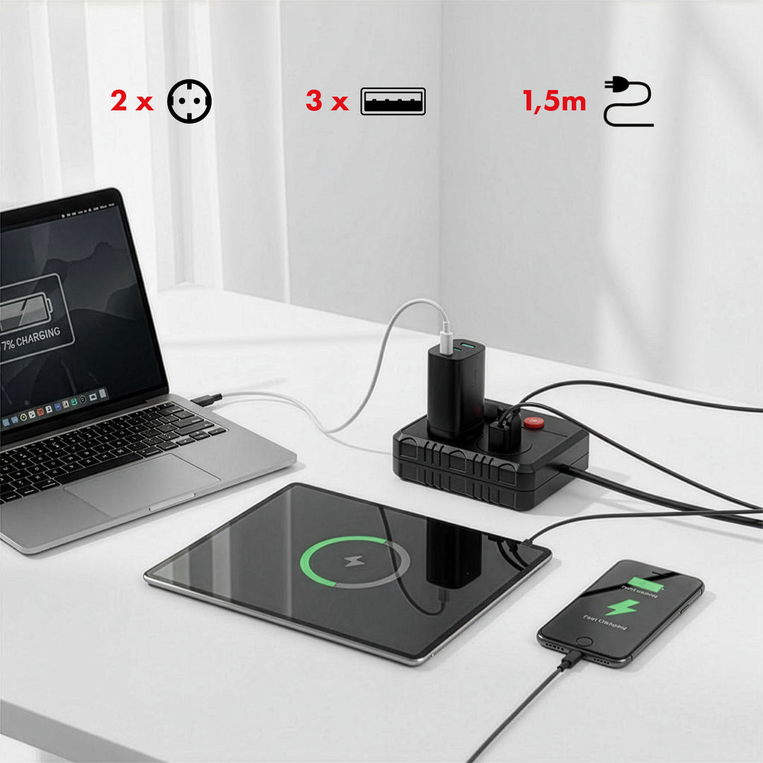 Maclean stekkerdoos, verlengkabel met 2 stopcontacten + 3xUSB, 110-240V AC 50/60Hz, 2,1A max 2500W, 1,5m, zwart, MCE387 B