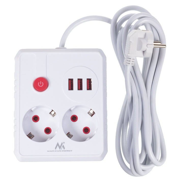 Maclean stekkerdoos, verlengkabel 2 stopcontacten + 3xUSB, 110-240V AC 50/60Hz, 2,1A max 2500W, 3 m, wit, MCE388 W