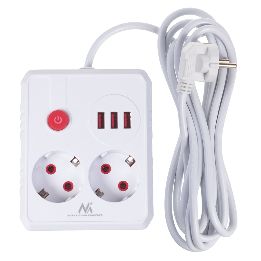 Maclean stekkerdoos, verlengkabel 2 stopcontacten + 3xUSB, 110-240V AC 50/60Hz, 2,1A max 2500W, 3 m, wit, MCE388 W