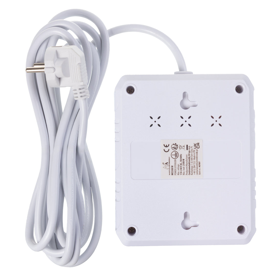 Maclean stekkerdoos, verlengkabel 2 stopcontacten + 3xUSB, 110-240V AC 50/60Hz, 2,1A max 2500W, 3 m, wit, MCE388 W