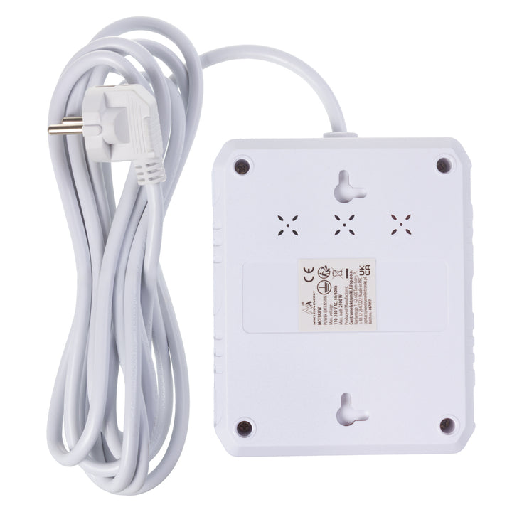 Maclean stekkerdoos, verlengkabel 2 stopcontacten + 3xUSB, 110-240V AC 50/60Hz, 2,1A max 2500W, 3 m, wit, MCE388 W