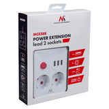 Maclean stekkerdoos, verlengkabel 2 stopcontacten + 3xUSB, 110-240V AC 50/60Hz, 2,1A max 2500W, 3 m, wit, MCE388 W