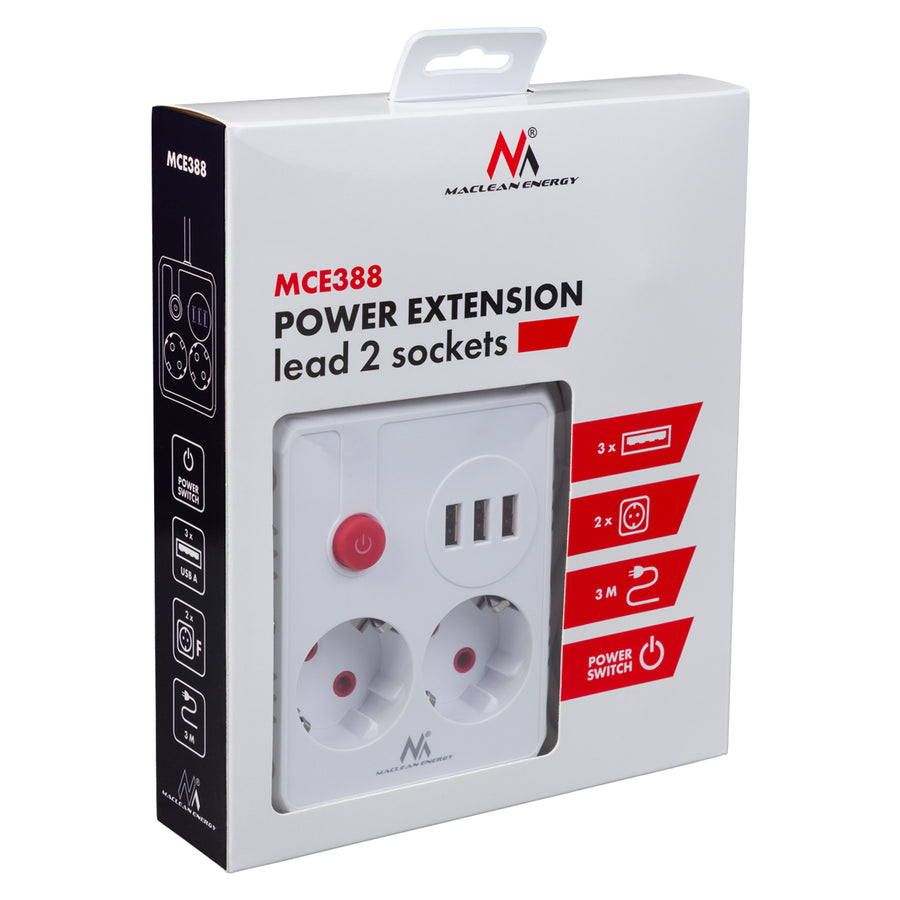 Maclean stekkerdoos, verlengkabel 2 stopcontacten + 3xUSB, 110-240V AC 50/60Hz, 2,1A max 2500W, 3 m, wit, MCE388 W