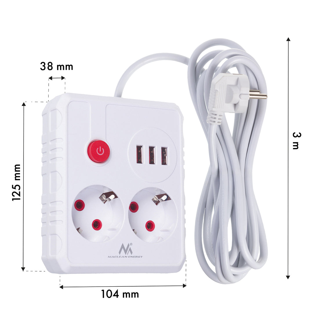 Maclean stekkerdoos, verlengkabel 2 stopcontacten + 3xUSB, 110-240V AC 50/60Hz, 2,1A max 2500W, 3 m, wit, MCE388 W