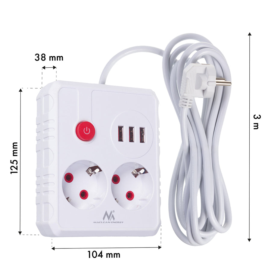Maclean stekkerdoos, verlengkabel 2 stopcontacten + 3xUSB, 110-240V AC 50/60Hz, 2,1A max 2500W, 3 m, wit, MCE388 W