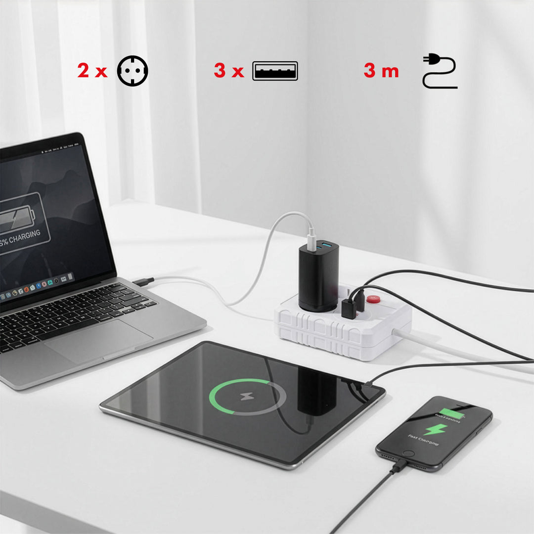 Maclean stekkerdoos, verlengkabel 2 stopcontacten + 3xUSB, 110-240V AC 50/60Hz, 2,1A max 2500W, 3 m, wit, MCE388 W