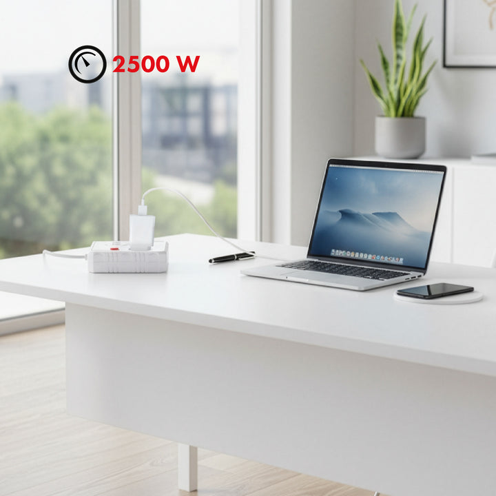 Maclean stekkerdoos, verlengkabel 2 stopcontacten + 3xUSB, 110-240V AC 50/60Hz, 2,1A max 2500W, 3 m, wit, MCE388 W