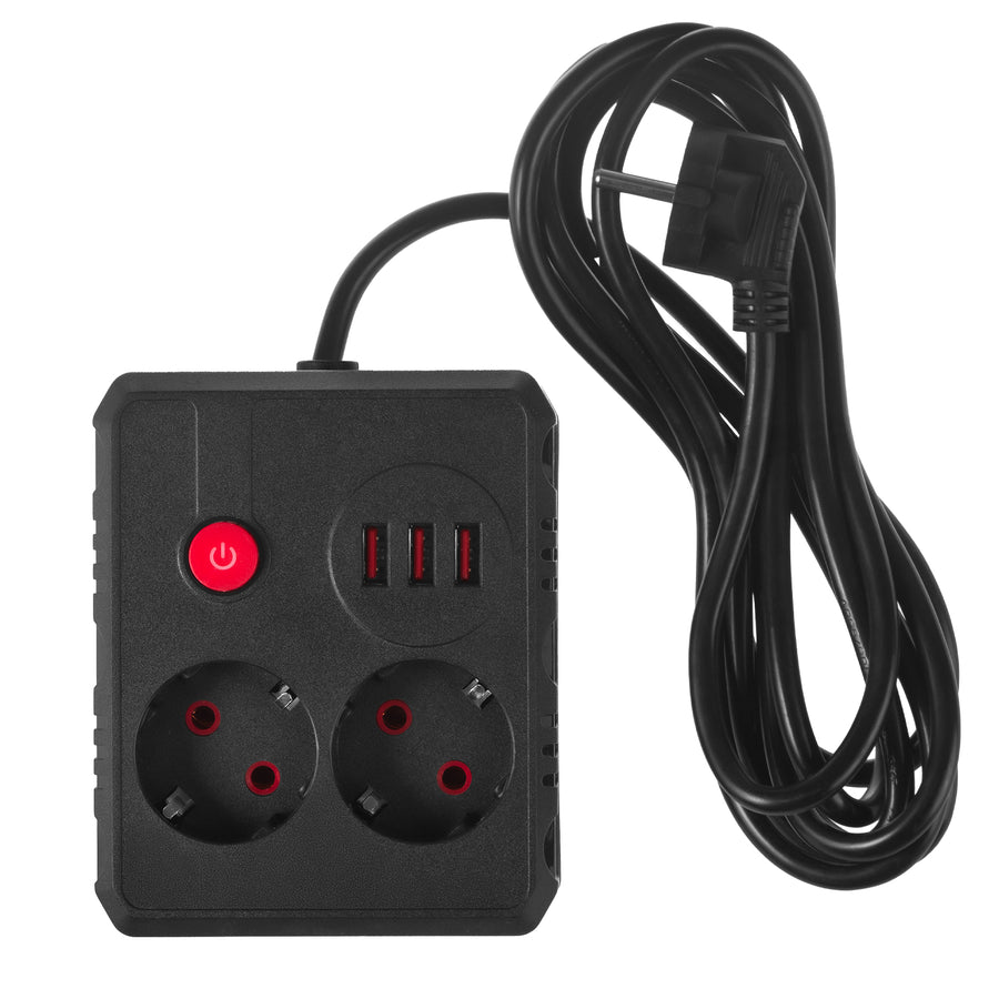 Maclean stekkerdoos, verlengkabel 2 stopcontacten + 3xUSB, 110-240V AC 50/60Hz, 2,1A max 2500W, 3 m, zwart, MCE388 B