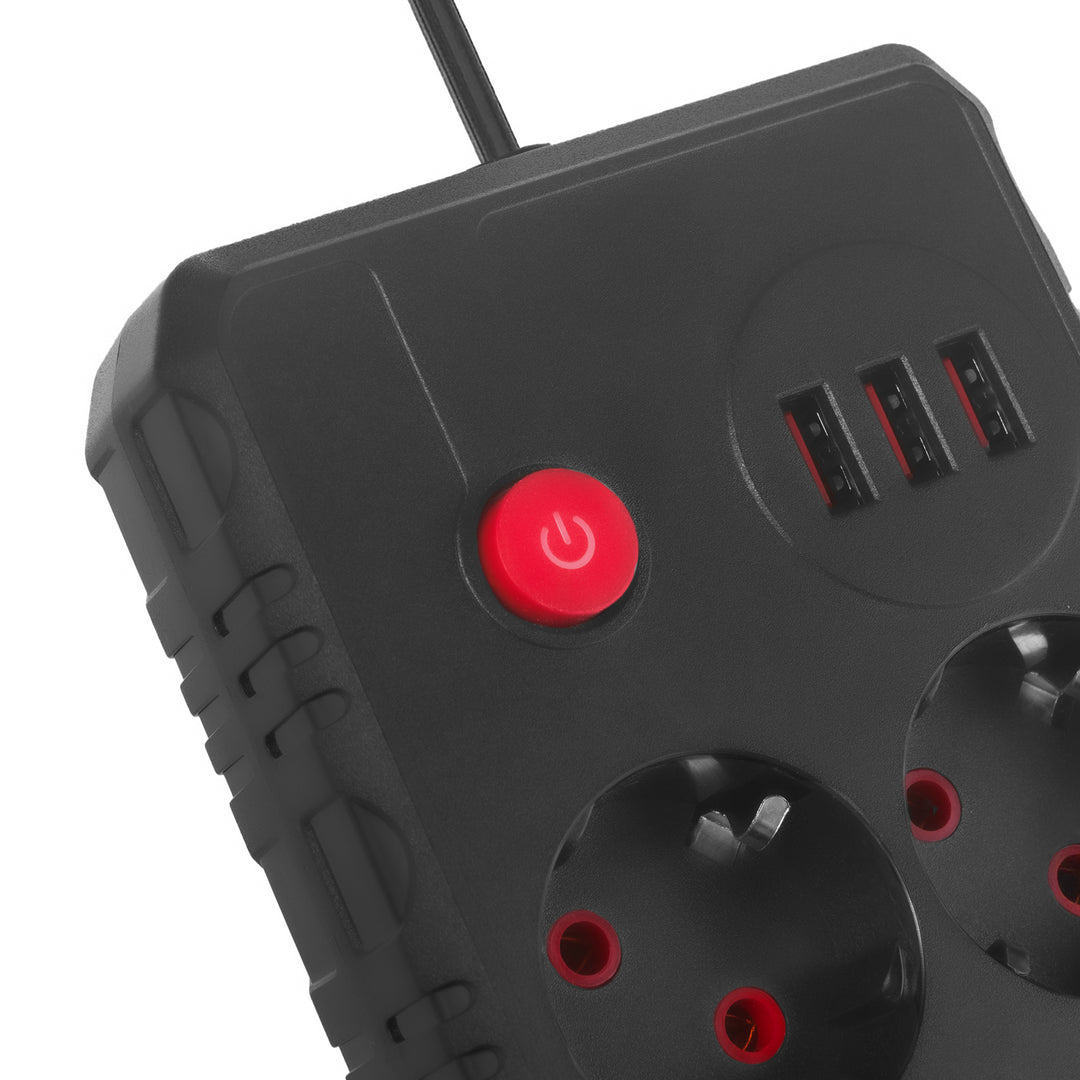 Maclean stekkerdoos, verlengkabel 2 stopcontacten + 3xUSB, 110-240V AC 50/60Hz, 2,1A max 2500W, 3 m, zwart, MCE388 B