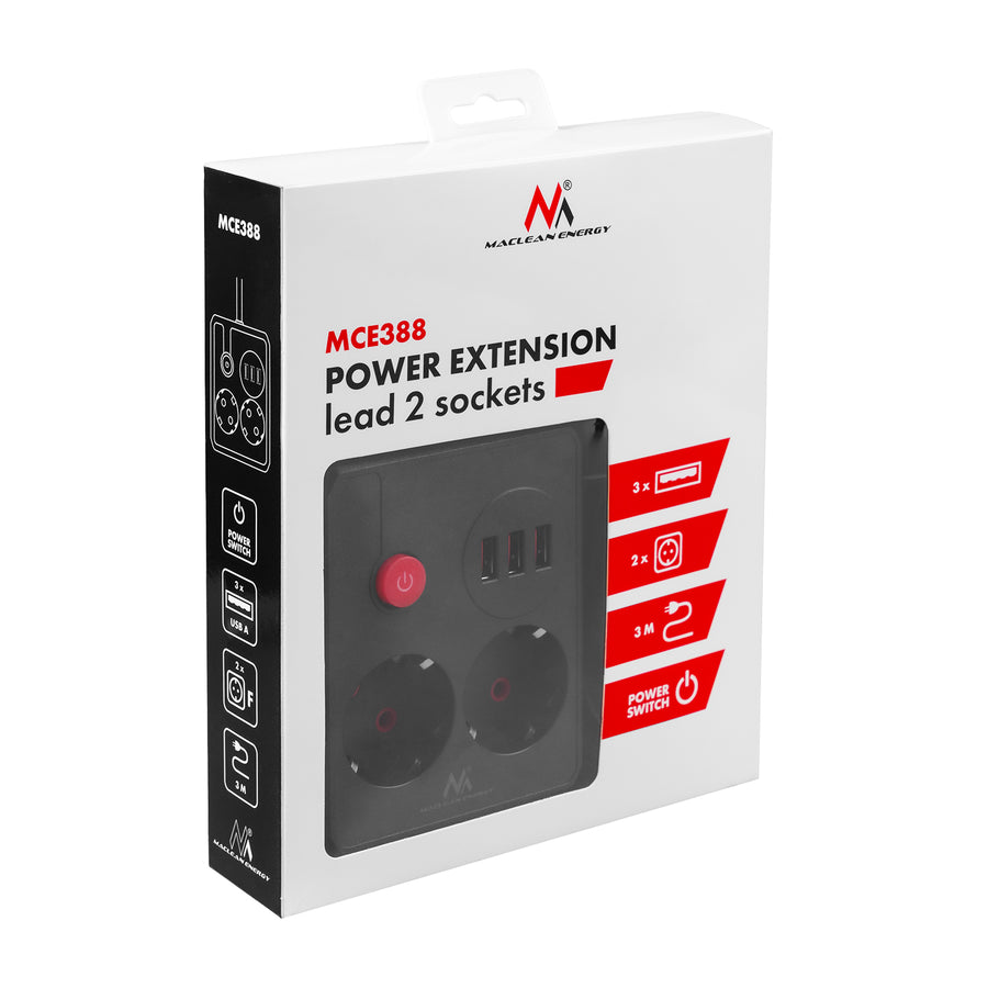 Maclean stekkerdoos, verlengkabel 2 stopcontacten + 3xUSB, 110-240V AC 50/60Hz, 2,1A max 2500W, 3 m, zwart, MCE388 B