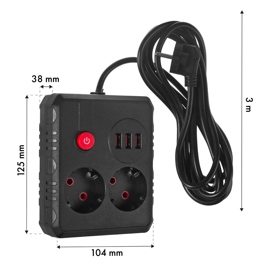 Maclean stekkerdoos, verlengkabel 2 stopcontacten + 3xUSB, 110-240V AC 50/60Hz, 2,1A max 2500W, 3 m, zwart, MCE388 B