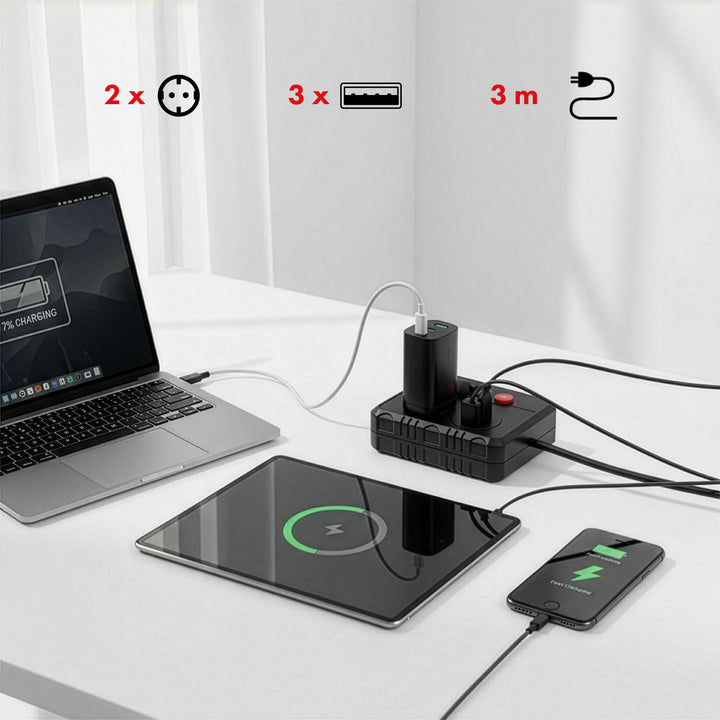 Maclean stekkerdoos, verlengkabel 2 stopcontacten + 3xUSB, 110-240V AC 50/60Hz, 2,1A max 2500W, 3 m, zwart, MCE388 B