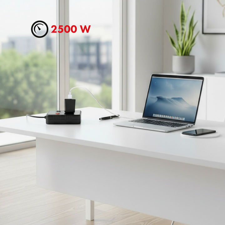 Maclean stekkerdoos, verlengkabel 2 stopcontacten + 3xUSB, 110-240V AC 50/60Hz, 2,1A max 2500W, 3 m, zwart, MCE388 B