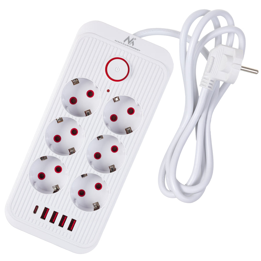 Maclean stekkerdoos, 6-polige verlengkabel + 4xUSB, 110-240V AC 50/60Hz, 2,1A max 2500W, 1,5 m, wit, MCE389 W