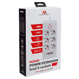 Maclean stekkerdoos, 6-polige verlengkabel + 4xUSB, 110-240V AC 50/60Hz, 2,1A max 2500W, 1,5 m, wit, MCE389 W