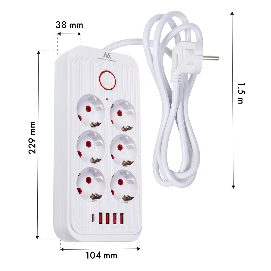 Maclean stekkerdoos, 6-polige verlengkabel + 4xUSB, 110-240V AC 50/60Hz, 2,1A max 2500W, 1,5 m, wit, MCE389 W