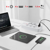 Maclean stekkerdoos, 6-polige verlengkabel + 4xUSB, 110-240V AC 50/60Hz, 2,1A max 2500W, 1,5 m, wit, MCE389 W