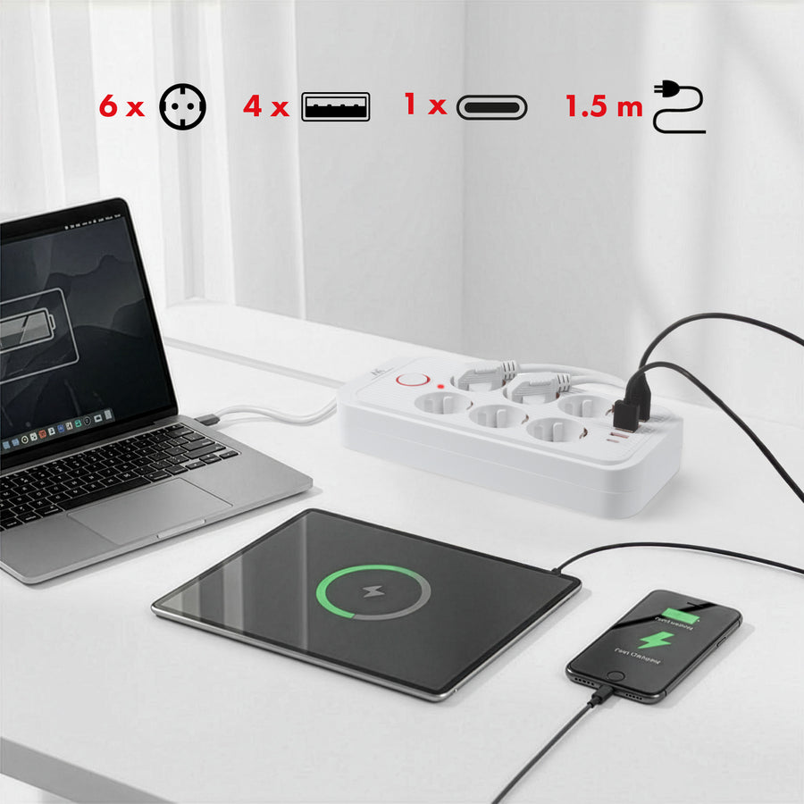 Maclean stekkerdoos, 6-polige verlengkabel + 4xUSB, 110-240V AC 50/60Hz, 2,1A max 2500W, 1,5 m, wit, MCE389 W