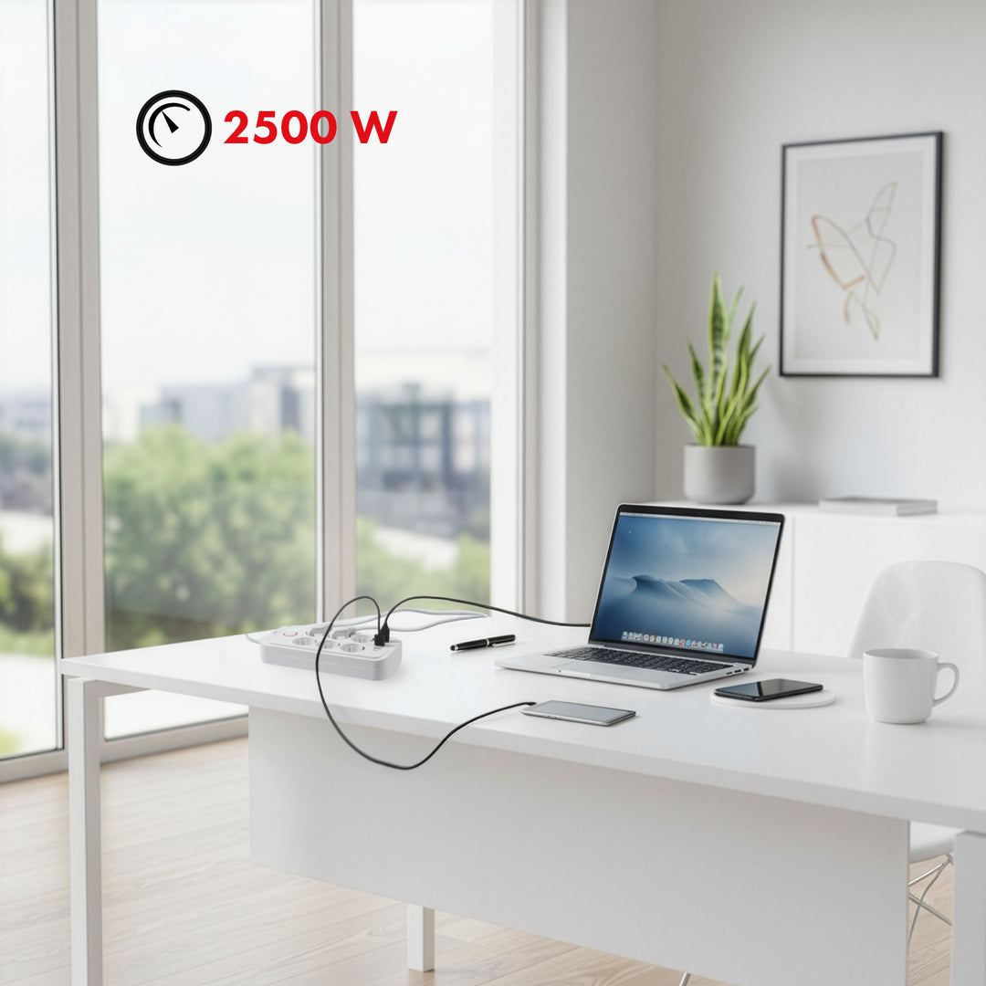 Maclean stekkerdoos, 6-polige verlengkabel + 4xUSB, 110-240V AC 50/60Hz, 2,1A max 2500W, 1,5 m, wit, MCE389 W