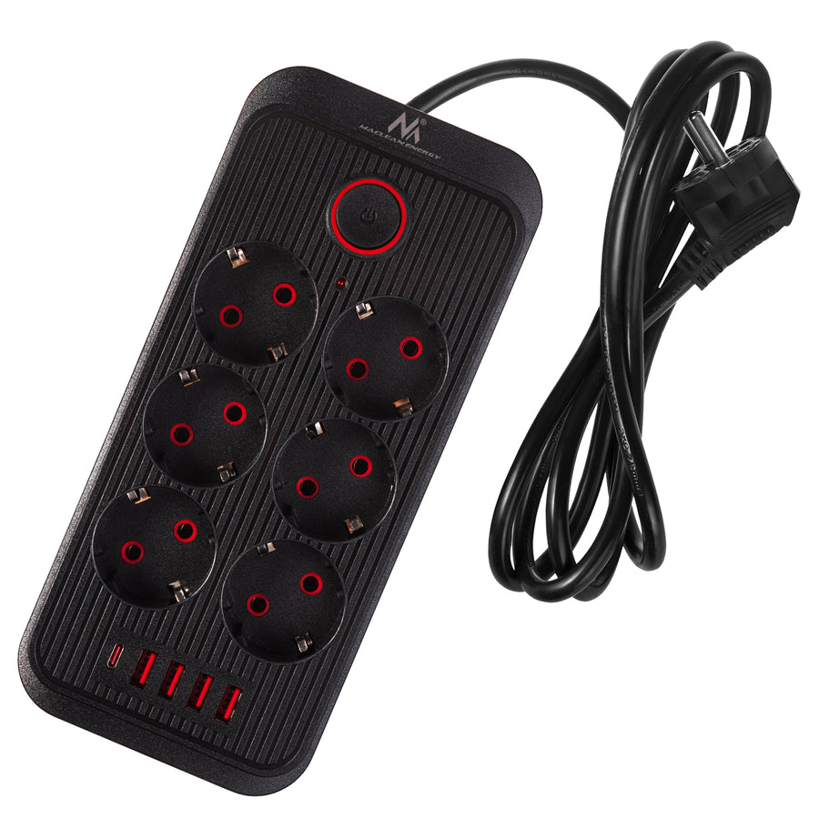 Maclean stekkerdoos, 6-polige verlengkabel + 4xUSB, 110-240V AC 50/60Hz, 2,1A max 2500W, 1,5 m, zwart, MCE389 B