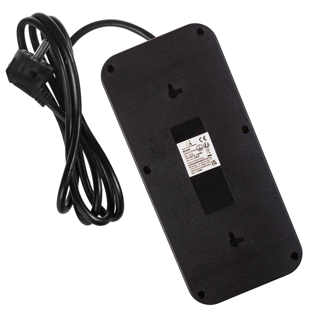 Maclean stekkerdoos, 6-polige verlengkabel + 4xUSB, 110-240V AC 50/60Hz, 2,1A max 2500W, 1,5 m, zwart, MCE389 B